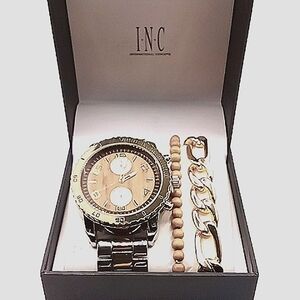 Mens INC International Concepts Gold/Silver Tone/Wood Watch & Bracelets Set